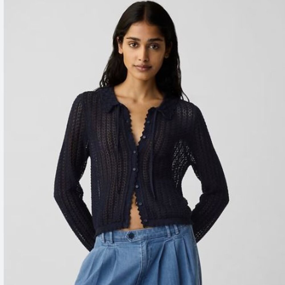 Doen x GAP Pointelle Knit Navy Blue Linen Blend Button Cardigan Sweater